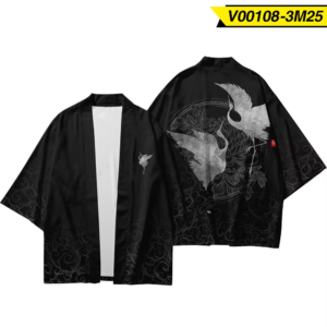 Bebovizi Japanese Crane Kimono Cosplay Pant Men Women Cardigan Samurai Robe Black Clothes Summer Yukata Vintage Haori